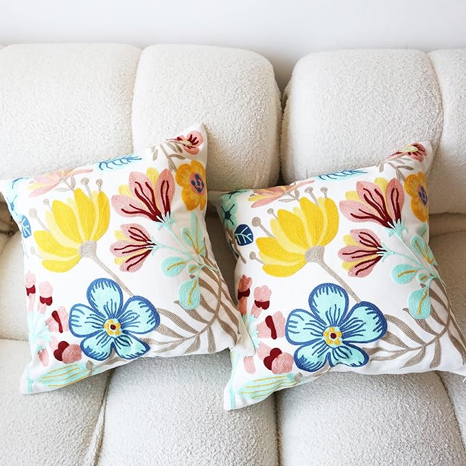 Embroidered Throw Pillow Cover Boho Floral Pillow Covers for Couch Sofa 3D Big Flowers Cotton Linen Bohemian Pillow Covers Multicolor Botanical Leaves 2PCS Pillowcase Covers 18x18 Inch