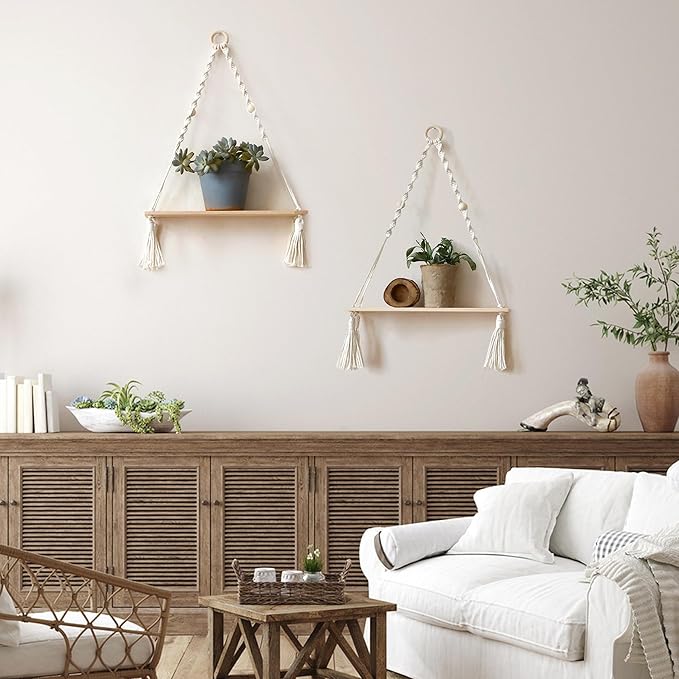 Artilady 2 Pack Wooden Wall Hanging Shelves - Boho Floating Shelves White Macrame Plant Shelf Adjustable Storage Rack Rustic Wall Decor for Bedroom Living Room Nursery