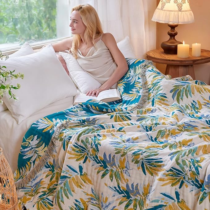 Boho Throw Blanket 60"x80" 100% Cotton Twin Bed Tassel Blanket with Leaf Pattern,Soft Breathable Lightweight Spring Decorative Reversible Blankets for Couch Sofa Decor All Season