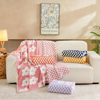 Checkered Throw Blanket, Dusty Pink Flower Blanket for Couch, 60"x80" Soft Plaid Knit Blanket for Home Decor, Reversible Checkerered Blankets for Sofa, Chair, Bed