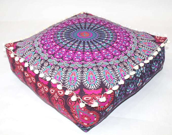 CRAFT KALA Pink Peacock Large Hippie Mandala Meditation Floor Ottoman Pillow Cushion Pouf Cover Square Poufs Bohemian Circle Floor Cushion Case Outdoor Fireplace Living Room Decor Cover 16" Square