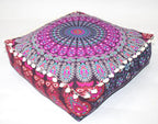 CRAFT KALA Pink Peacock Large Hippie Mandala Meditation Floor Ottoman Pillow Cushion Pouf Cover Square Poufs Bohemian Circle Floor Cushion Case Outdoor Fireplace Living Room Decor Cover 18" Square