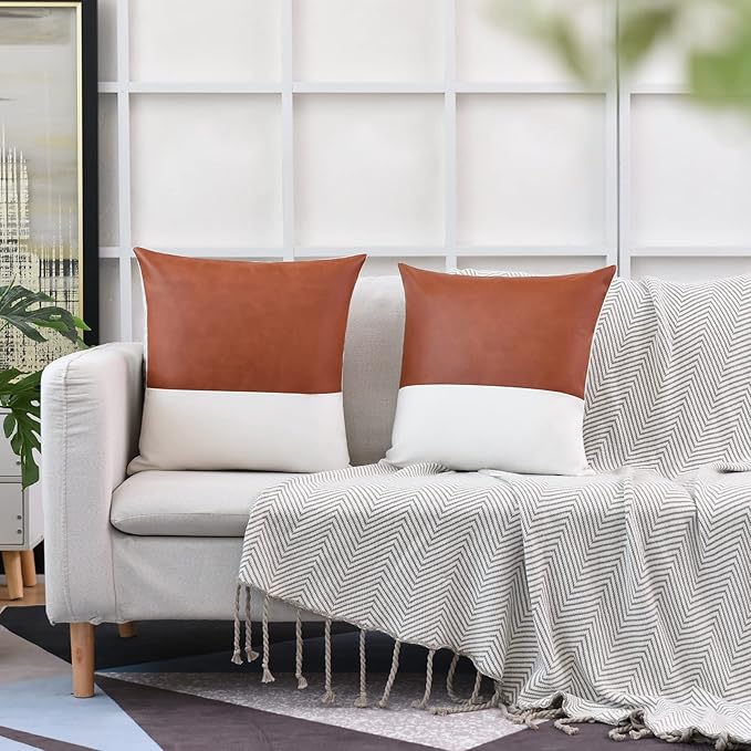 Tosewever Faux Leather/Cotton Throw Pillow Covers, Set of 2 Modern Country Farmhouse Decorative Luxury Boho Pillowcases for Bedroom Living Room Couch Bed Sofa Home Decor (Brown/White, 18" x 18")