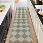 Beeiva Checkered Print Rug Runners for Hallways 2.5x10, Green Kitchen Runner Rugs Non Skid Washable Ultra Thin Faux Wool Long Carpet for Hallway, Checkerboard Neutral Floor Carpet for Kitchen Decor
