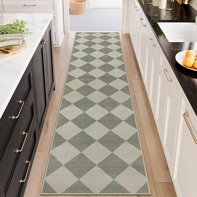 Beeiva Checkered Print Rug Runners for Hallways 2.5x10, Green Kitchen Runner Rugs Non Skid Washable Ultra Thin Faux Wool Long Carpet for Hallway, Checkerboard Neutral Floor Carpet for Kitchen Decor