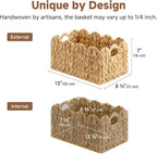 StorageWorks Scalloped Water Hyacinth Baskets, Hand-woven Rattan Baskets with Built-in Handles, Cute Baby Basket for Nursery, Basket for Organizing and Decor, 13"L x 8¼"W x 7"H