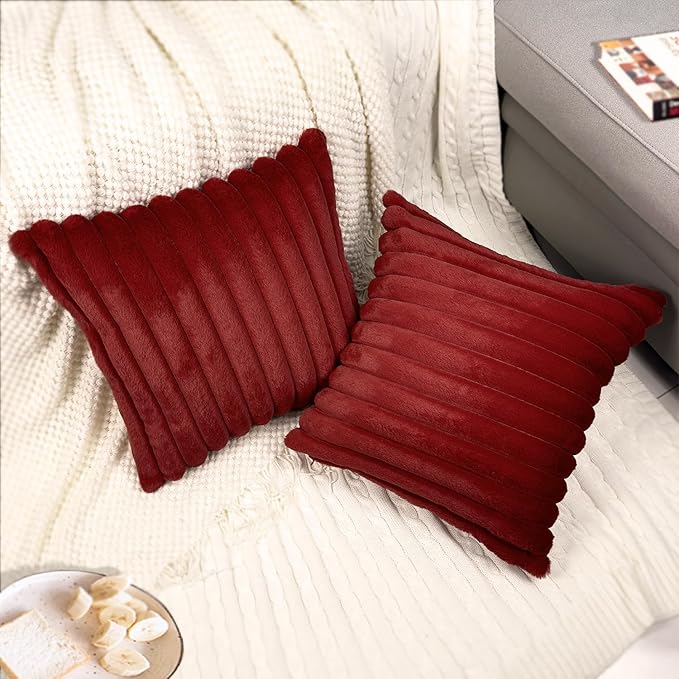 2 Pack 24x24 Pillow Cover Velvet Pillow Covers, Faux Fur Square Throw Pillow Covers for Living Room Decorations Throw Pillow Case, Throw Pillow Cover Cushion Cover for Sofa Bedroom Car, Burgundy Red
