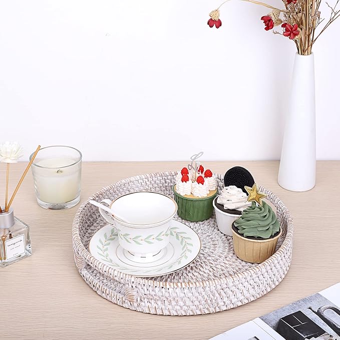 Hipiwe Round Rattan Serving Tray with Handles - Hand-Woven Wicker Tray - Decorative Candle Organizer - Storage for Breakfast, Drinks, Snacks - Coffee Table Centerpiece - Large (11.8" x 11.8" x 1.9")