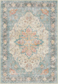 Area Rugs Round 8ft Washable Non-Slip, Floral Vintage Distress Print Pattern Medallion Carpet for Living Room Bedroom Dining Room, Blue Orange Red