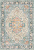 Area Rugs Round 8ft Washable Non-Slip, Floral Vintage Distress Print Pattern Medallion Carpet for Living Room Bedroom Dining Room, Blue Orange Red