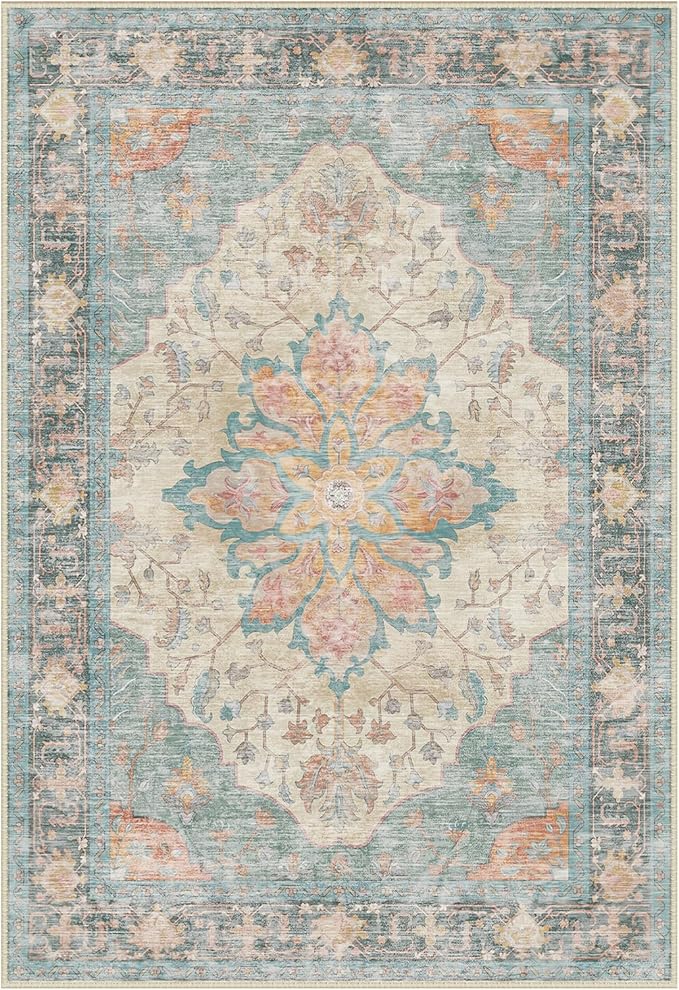 Area Rugs Round 8ft Washable Non-Slip, Floral Vintage Distress Print Pattern Medallion Carpet for Living Room Bedroom Dining Room, Blue Orange Red