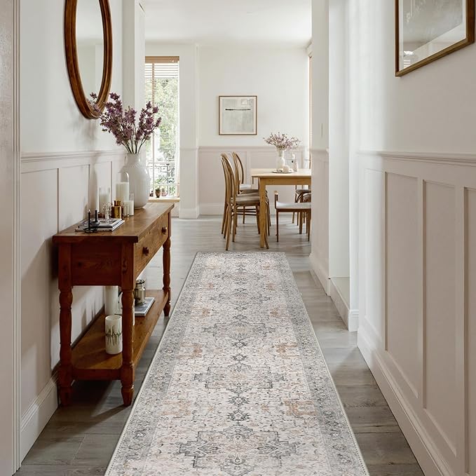 GENIMO 2x16 Runner Rugs for Hallway, Machine Washable Non Slip Vintage Rugs, Low Pile Soft Chenille Print Rug for enrtyway, Corridor, Home Office,Light Taupe Brown