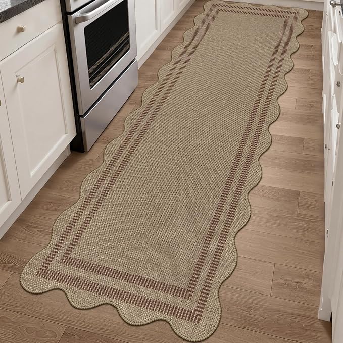 Scalloped Easy Jute Hallway Runner Rug, 2.6x8 Kitchen Non Slip Runner Washable Outdoor Indoor Long Rug, Farmhouse Morden Carpet for Porch Bedroom Laundry