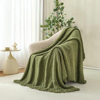 Throw Blanket for Couch, Olive Green Luxury Knitted Throws 60"x80", Textured Blankets with Handmade Fringe Tassels for Bed Sofa Decorative, Chunky Soft Farmhouse Boho Home Decor