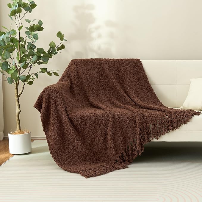 Throw Blanket for Couch, Brown Luxury Knitted Throws 50"x60", Textured Blankets with Handmade Fringe Tassels for Bed Sofa Decorative, Chunky Soft Farmhouse Boho Home Decor