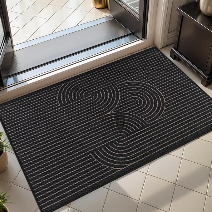 Tangsoo Black Geometric Easy Jute Rug, 2x3 Washable Ultra Thin Foldable Rug for Entryway, Non-Slip Rainbow Outdoor Mat Throw Carpet for Kitchen Bedroom Front Porch Doorway Entrance