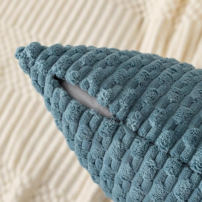 Kevin Textile 12x20 Inch Pillow Cover 1 Pack Boho Decorative Soft Striped Corduroy Lumbar Farmhouse Solid Color Accent Rectangle Cushion Case for Living Room Couch Sofa Bed, Blue Grey