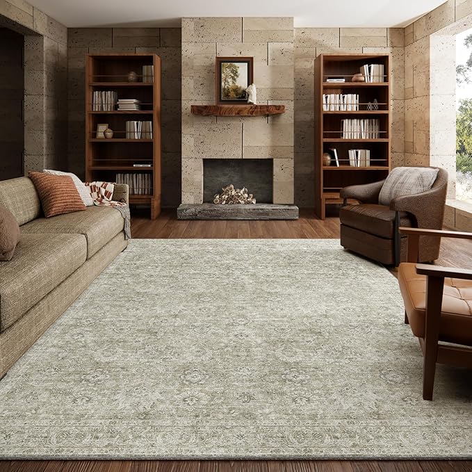 6x9 Washable Rug Vintage Fade Resistant Boho Distressed Non-Slip Indoor Large Carpet Low Pile Lightweight & High-Traffic Safe for Bedroom, Dorm, Playroom - Farmhouse Decor