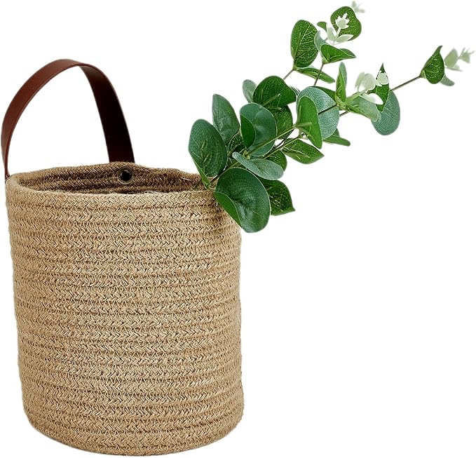2pack Small Hanging Basket-Cotton Rope Wall Basket with Handle, Hanging Storage Baskets, Shelf Baskets Storage Bin Closet Organizer - 6.3" x 7", Woven Plant Basket (Jute)
