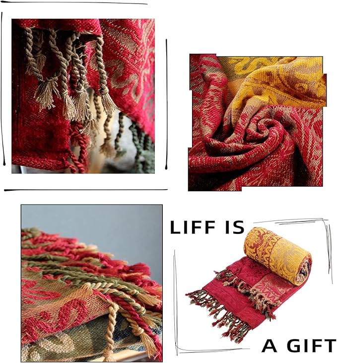 Boho Throw Blanket, Chenille Jacquard Tassels Throw Blankets for Bed Couch Soft Chair， Bohemian Fringe Tassels (Red, Large 86 * 102Inches)