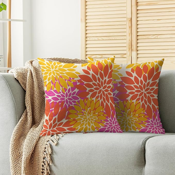 Yellow Orange Pink Pillow Covers 16X16 Inch Set of 2, Spring Summer Modern Geometry Dahlia Floral Print Decorative Throw Pillow Covers Outdoor Farmhouse Cushion Case for Couch Sofa Bed Decor