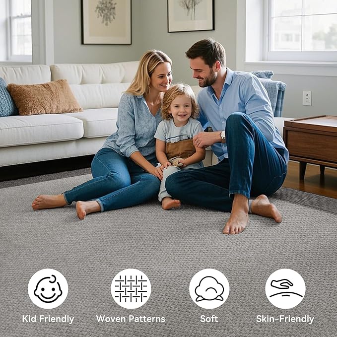 Washable Area Rug 6x9 Large Jute Like Rug for Living Room, Soft Non Slip Rugs Carpet for Dining Room Bedroom Cotton Boho Woven Braided Rugs Home Office Decor, Grey