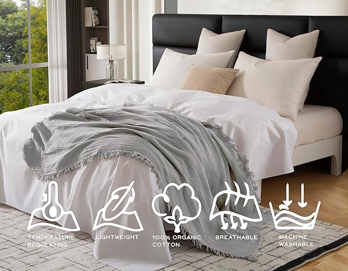 KyraHome 100% Organic Cotton Blanket 90"x90" Queen Muslin Blankets for Adults, Bed, Plant Dyed, Breathable Gauze Bedspread, Coverlet, All Season, Light Grey