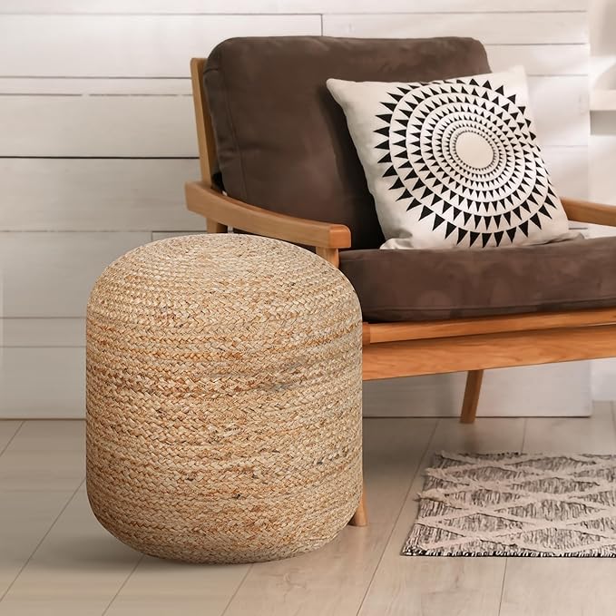 Palisa Ottoman Jute Pouf Handmade Knitted Poof Bean Bag Filling | Boho Pouffe for Living Room & Bedroom | Foot Rest Poufs for Office Home Decor (Natural, 16" D x 16" W x 18" H)