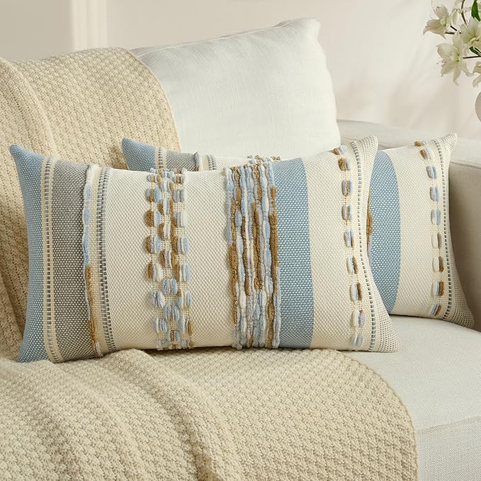 FUTEI Blue Brown Decorative Throw Pillow Covers 12x20 Inch Set of 2, Soft Tufted Striped Textured Accent Pillow Case,Boho Pillows for Couch Decor