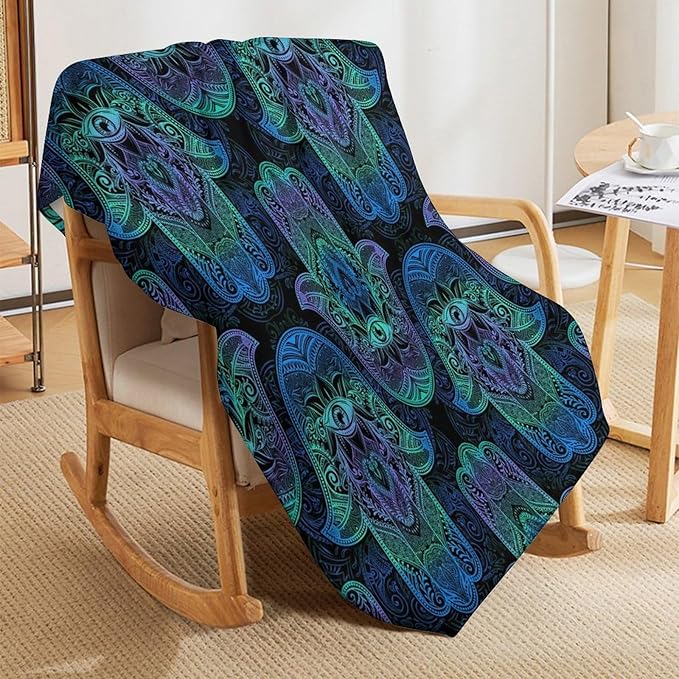Boho Hamsa Throw Blanket Fatima Hand Bohemian Retro Mandala Blanket for Sofa Bed Couch Chair Or Dorm 50"x60"