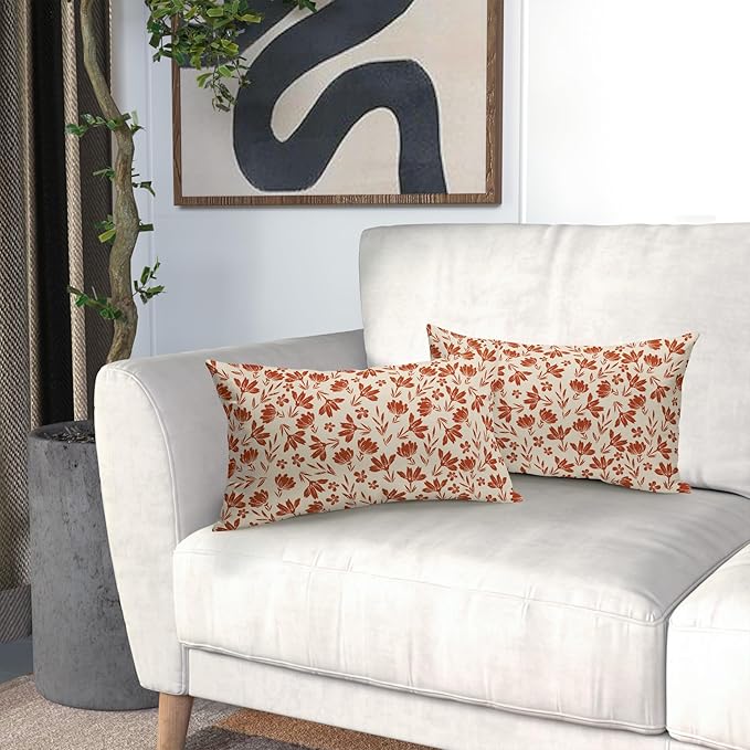 Burnt Orange Floral Pillow Covers 12x20 Set of 2 Vintage Rustic Old Style Cute Flower Cream Print Rectangle Decorative Outdoor Pillowcases Fall Farmhouse Throw Cushion Case Couch Sofa Bed Decor