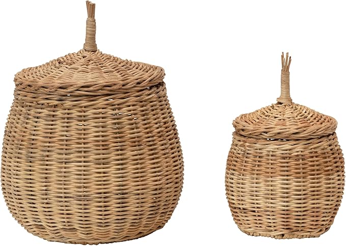 Creative Co-Op Hand-Woven Wicker Baskets with Lids, Set of 2