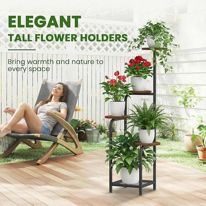 TOSKING 5 Tier Metal Anti-Tip Plant Stand indoor, Wide Base for Pots, Child and Pet Friendly ,Heavy Duty Plant Shelf ,Corner Shelf, Flower Pot Stand for Multiple Plants, Indoor Plants Tiered Stand for Living Room Balcony Garden Patio Bedroom(Black and ...