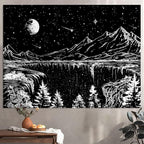 Zussun Black and White Tapestry Starry Night Mountain Tapestries for Bedroom Aesthetic Moon and Stars Tapastry's Wall Hanging Dark Nature Forest Wall Tapestry for Living Room Dorm (60'' × 44'')