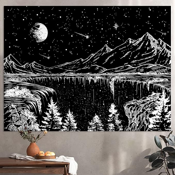 Zussun Black and White Tapestry Starry Night Mountain Tapestries for Bedroom Aesthetic Moon and Stars Tapastry's Wall Hanging Dark Nature Forest Wall Tapestry for Living Room Dorm (60'' × 44'')