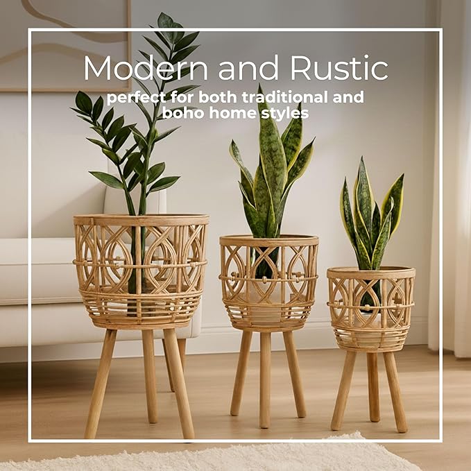 Handcrafted Bamboo Planters with Wooden Legs as Home Decor - Timeless Flower Pots for Entryway and Garden - Patterned Plant Pots for Outdoor and Indoor Plants - Set of 3, 26", 23", 20", Brown