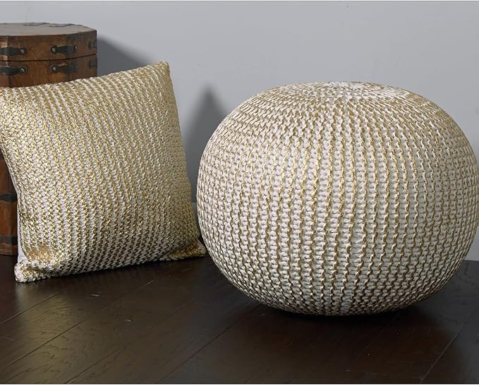CC Home Furnishings 20" Gold and Ivory Hand Knitted Round Pouf Ottoman