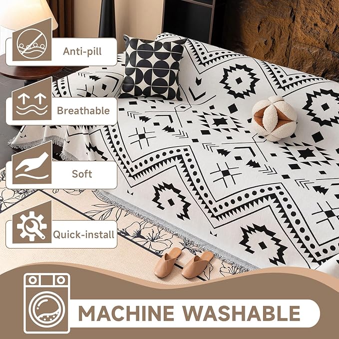 VClife Bohemian Sofa Cover Extra Large Couch Cover for 3-4 Cushion Couch Sofa, Black and White Aztec Geometric Chenille Sofa Slipcover for Home Decor 71" X 150"