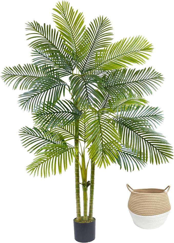 Artificial Palm Tree, 7ft Fake Areca Palm Plant with Basket, Large Faux Phoenix Palm UV Resistant Plants for Indoor Outdoor Home Garden Patio Office Décor