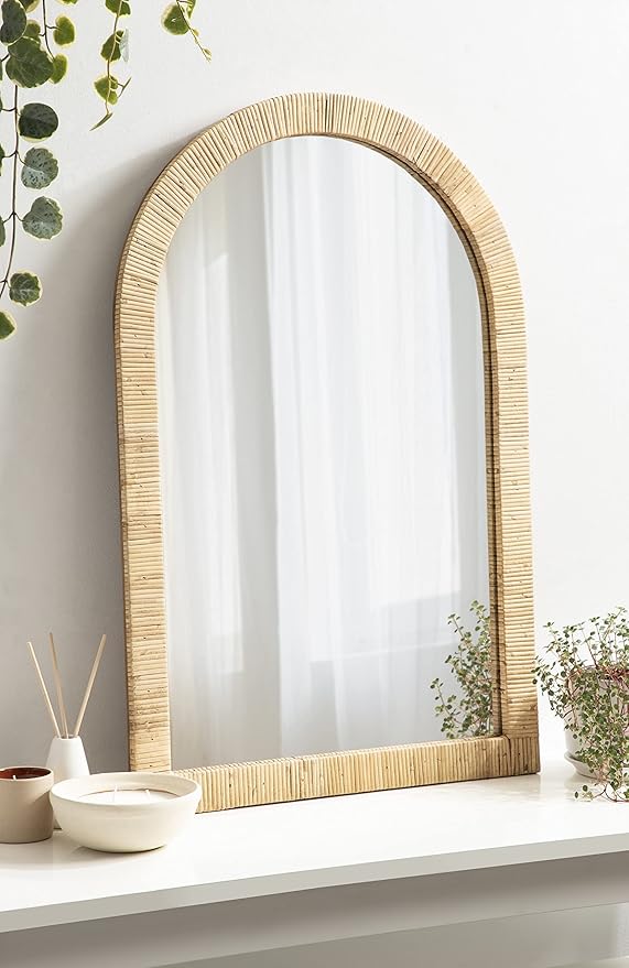 Kate and Laurel Rahfy Boho Arch Rattan Mirror; 20x30; Natural Wood; Decorative Wooden Mirror with Authentic Rattan Frame for Bohemian Wall Decor
