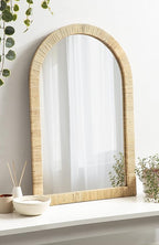 Kate and Laurel Rahfy Boho Arch Rattan Mirror; 20x30; Natural Wood; Decorative Wooden Mirror with Authentic Rattan Frame for Bohemian Wall Decor