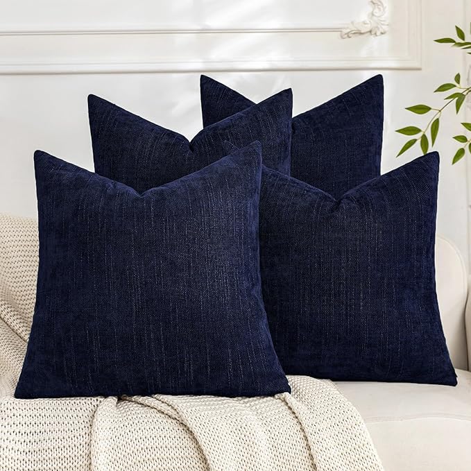 Set of 4 Soft Textured Decorative Throw Pillow Covers 16x16 Inch Cozy Farmhouse Cushion Cover Square Accent Pillow Cases for Bed Couch Sofa Living Room, Navy Blue