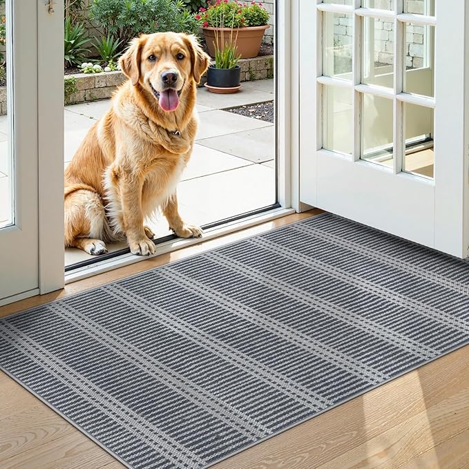 LIVEBOX Easy Jute Indoor Outdoor Rug 3x5 Front Porch, Washable Outdoor Rugs for Entryway, Gray Striped Geometric Rug for Living Room, Non Slip Carpet Door Mat for Front Door, Patio, Kitchen, Bedroom
