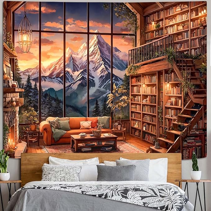 Accnicc Forest Mountain Library Tapestry Fantasy Bookshelf Tapestries Wall Hanging Vintage Watercolor Nature Fairy Library Backdrop Large Tapestry for Bedroom Living Room Dorm Classroom 80 x 60 inch