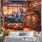 Accnicc Forest Mountain Library Tapestry Fantasy Bookshelf Tapestries Wall Hanging Vintage Watercolor Nature Fairy Library Backdrop Extra Large Tapestry for Bedroom Living Room Classroom 90 x 68 inch