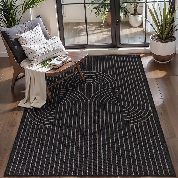 Tangsoo Black Easy Jute 3x5 Outdoor Rug for Living Room,Washable Non Slip Rubber Backing Thin Indoor Geometric Area Rug,Boho Farmhouse Throw Carpet for Front Porch Patio Entryway Balcony