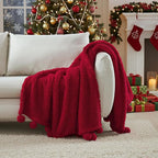 HORIMOTE HOME Ultra Soft Sherpa Throw Blanket with Pompom Fringe, Lightweight Plush Boho Throw Blanket for Couch, Sofa, Bedroom,Travel, Christmas Decor, Warm Blanket for Winter, 50"x60", Red