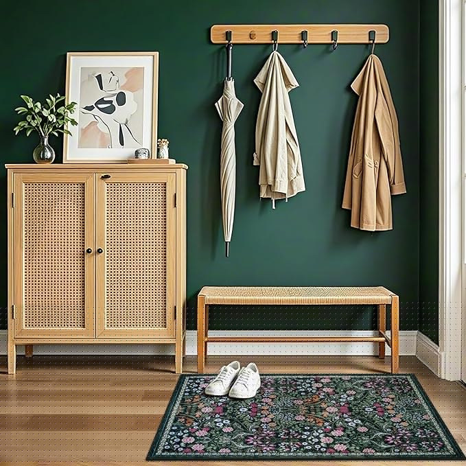 Entryway Rug 2X3 Small Rugs: Floral Washable Door Mat Vintage Soft Low Pile Non-Slip Kitchen Rugs Stain Resistant Indoor Throw Rug for Entrance, Bedroom, Kitchen, Laundry, Bathroom Dark Green