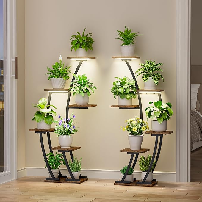 Plant Stand Indoor with Grow Lights, Plant Shelf Indoor 2 Pack, Corner Plant Stands for Indoor Plants, 6 Tiered Plant Flower Display Shelf, Half-Moon Plant Rack for Home, Living Room, Black