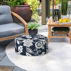 Indoor/Outdoor Inflatable Ottoman with Handle, Decorative Fade-Resistant Round Footstool D21 x H9 inch, Portable Ottoman Pouf for Patio Garden Camping, Elegant Vines Navy